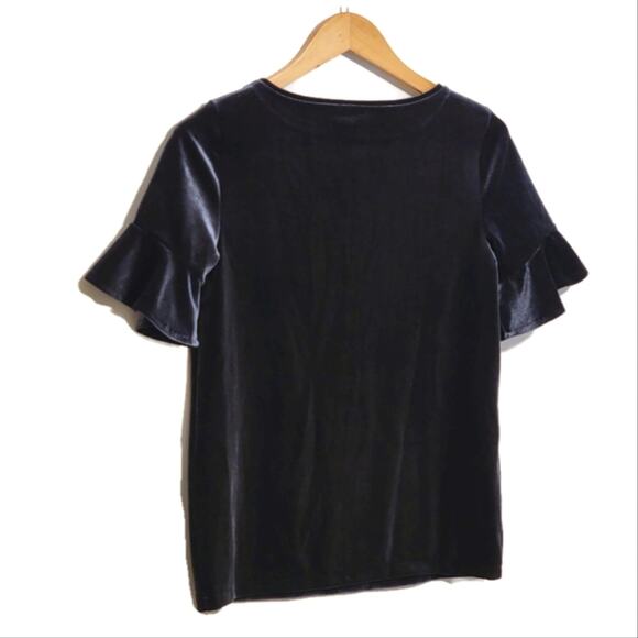 Ann Taylor Velvet Ruffle Sleeve Blue Top Crew Neck Holiday Party Work XS NWT - Picture 9 of 13